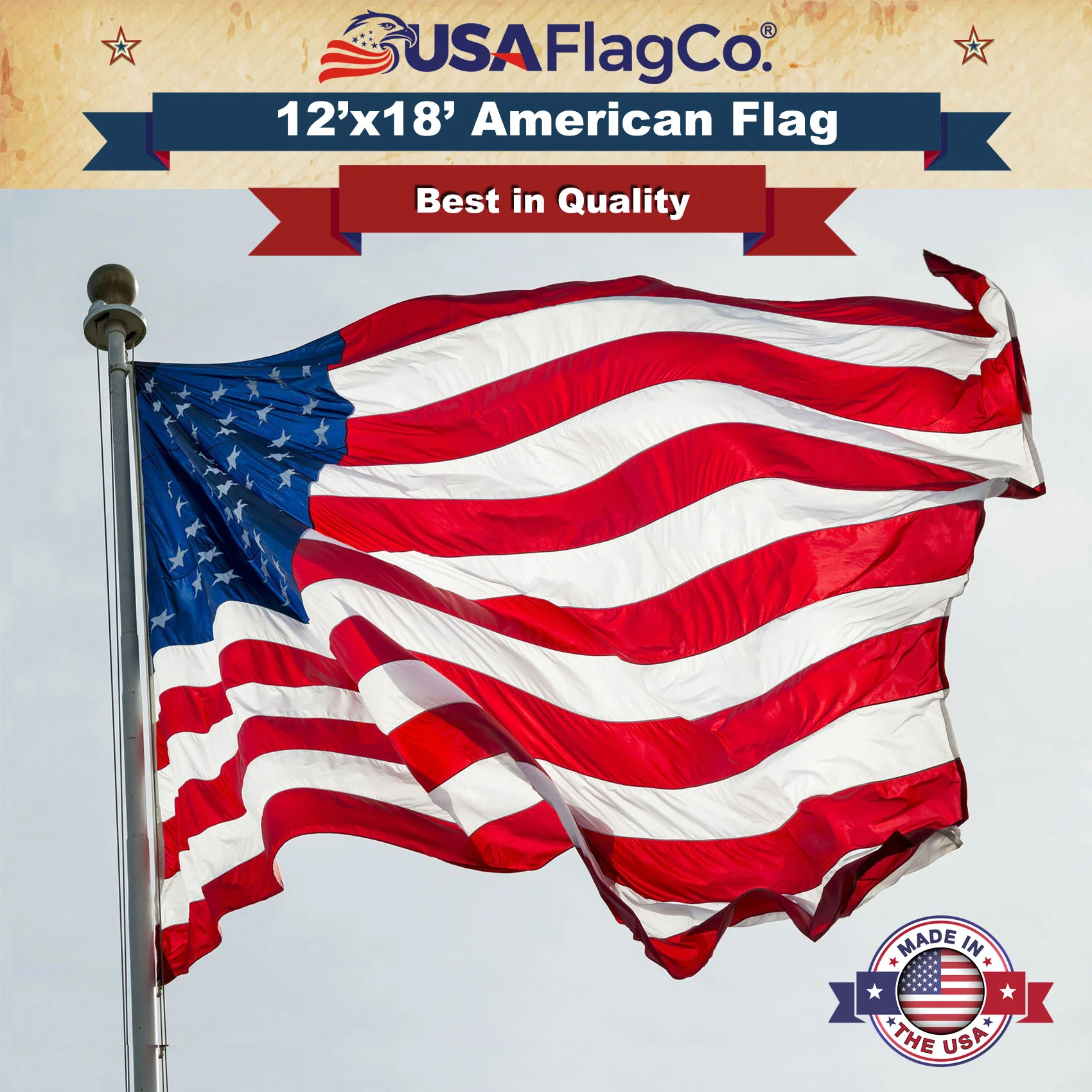 American Flag 12x18 ft - Embroidered Stars & Sewn Stripes