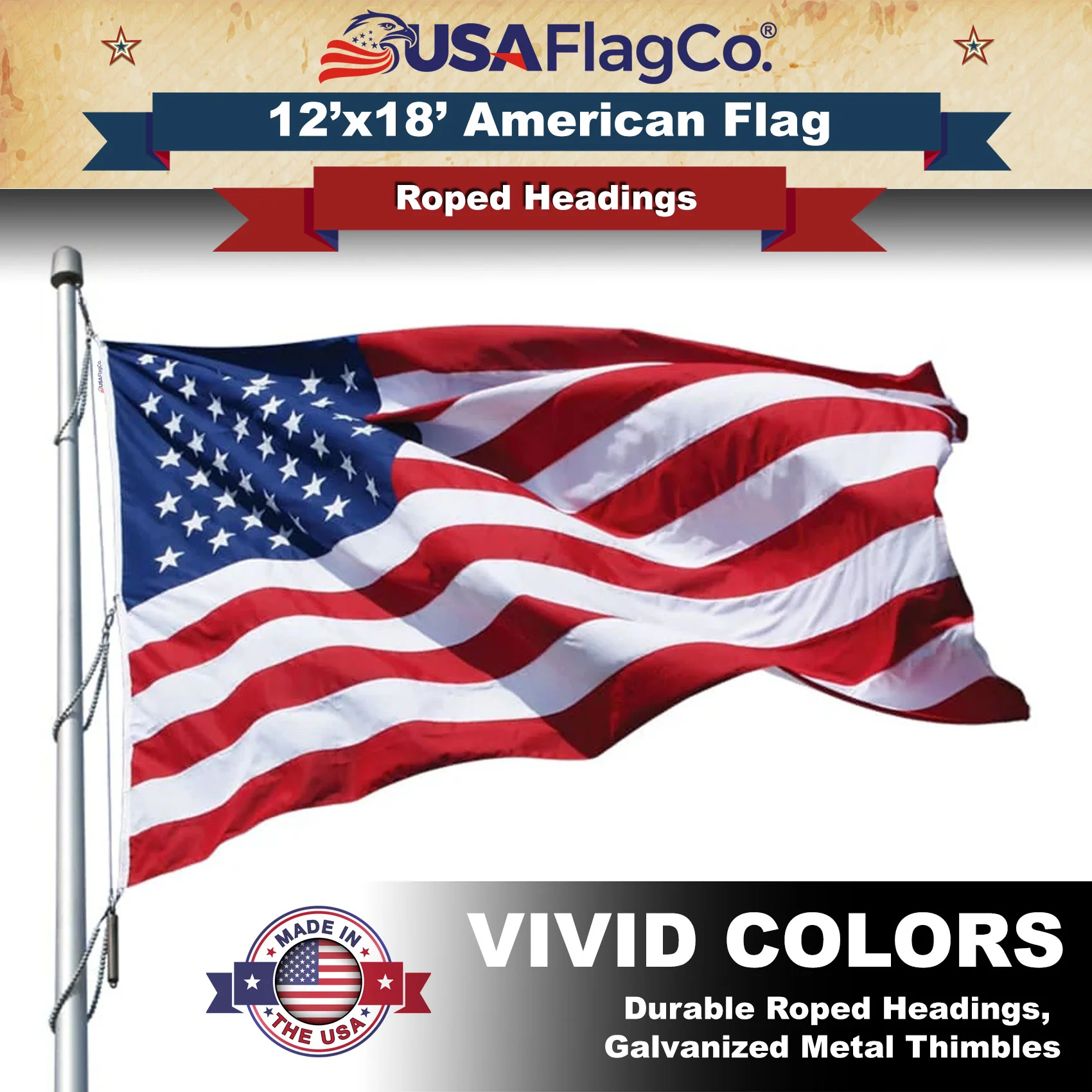 American Flag 12x18 ft - Embroidered Stars & Sewn Stripes - Image 2