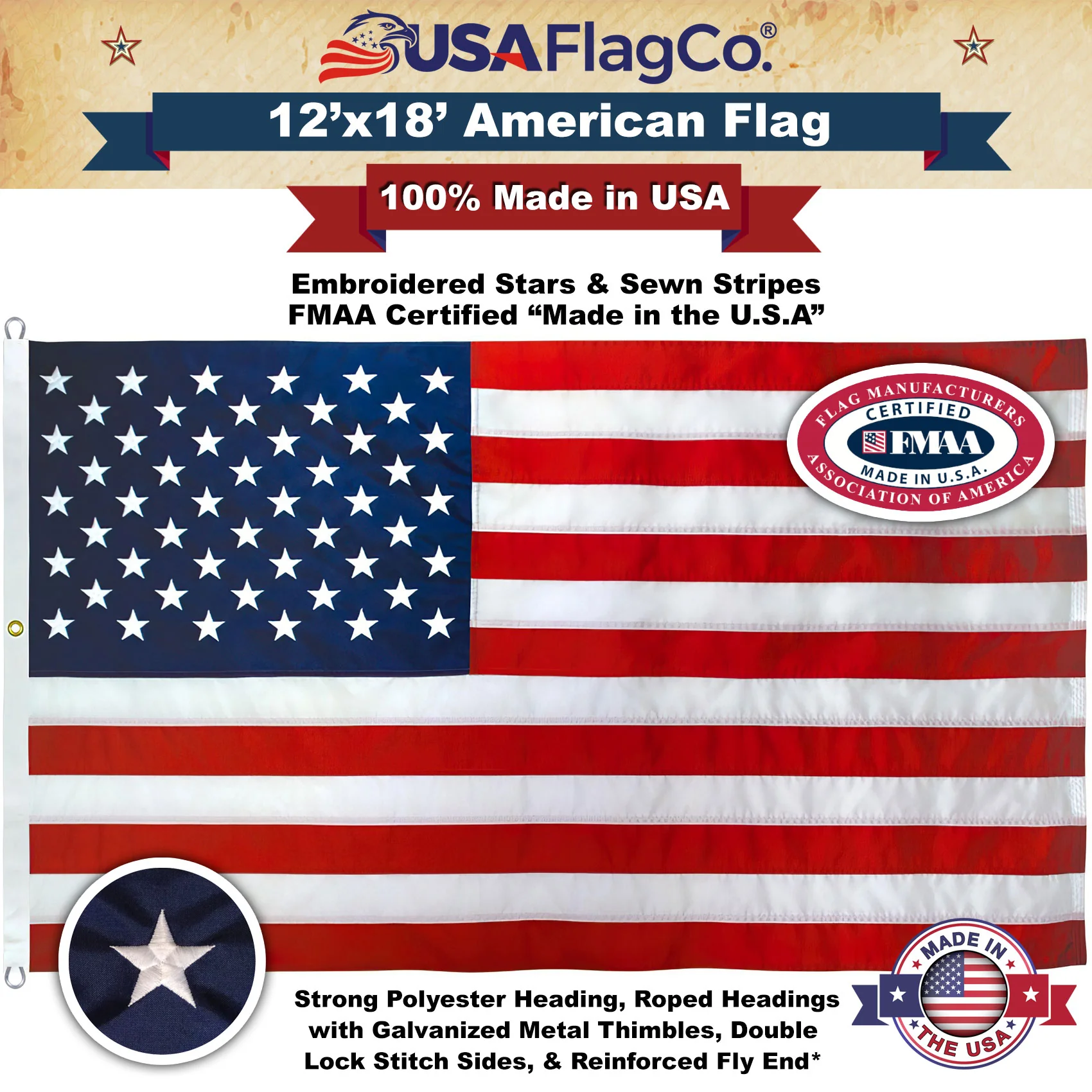 American Flag 12x18 ft - Embroidered Stars & Sewn Stripes - Image 3