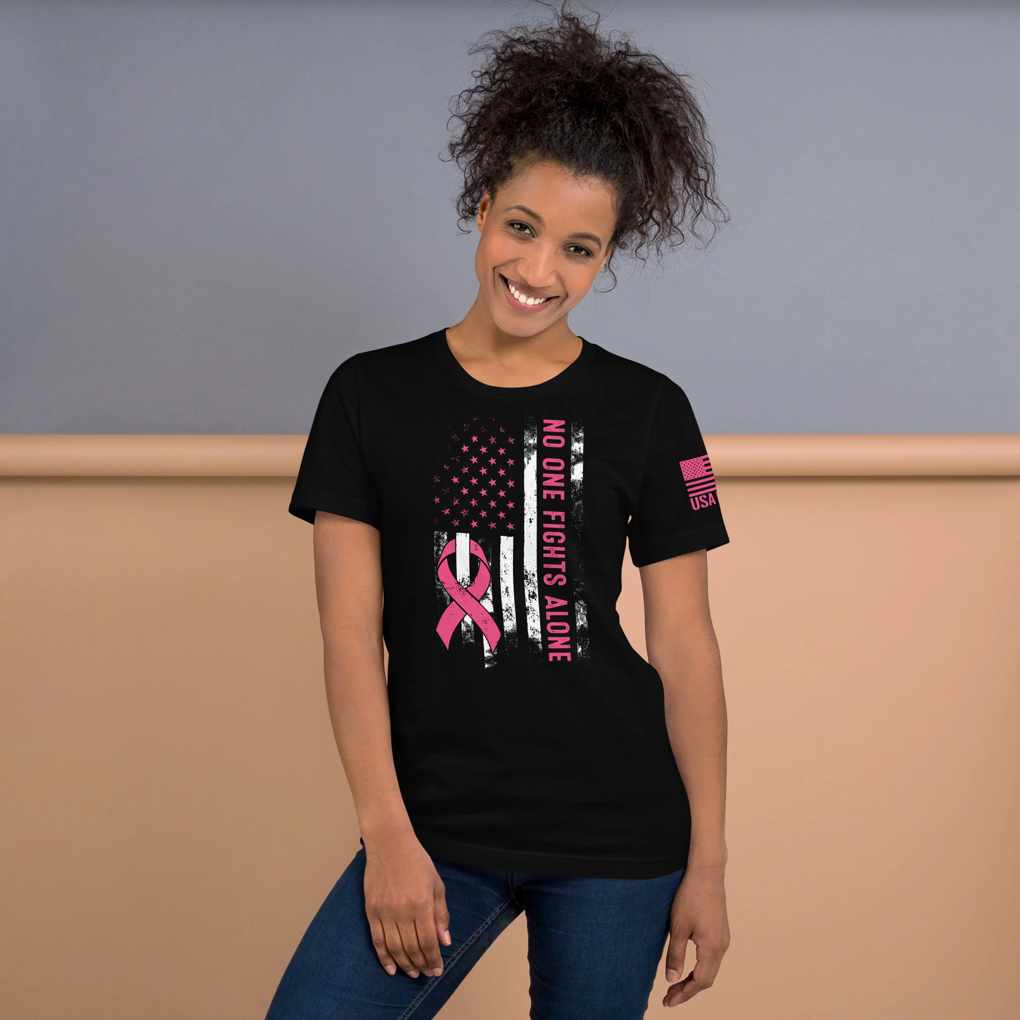 American Flag Pink Ribbon: No One Fights Alone | Unisex | DTG Printing - Image 13