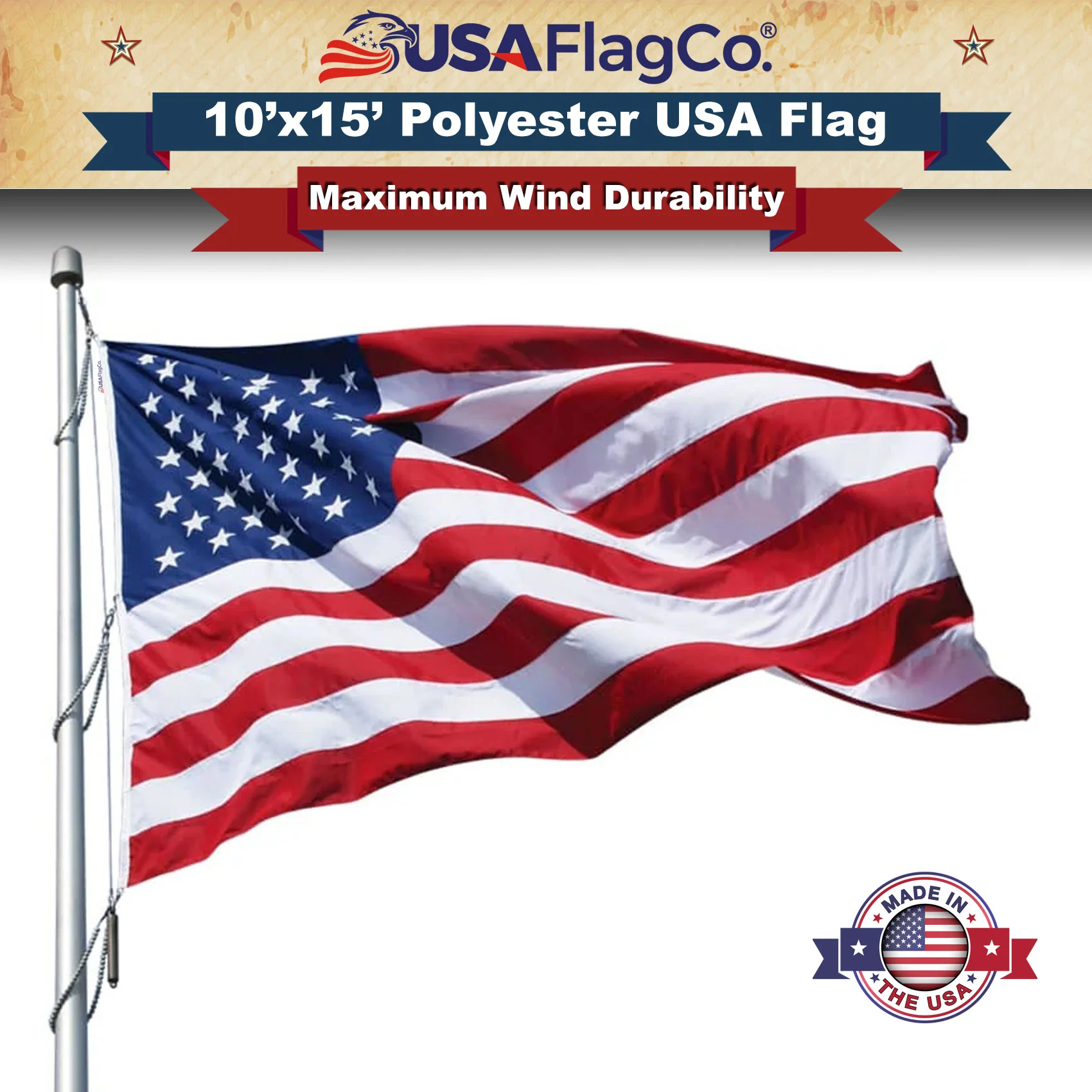 Polyester American Flag 10x15 ft - Embroidered Stars & Sewn Stripes