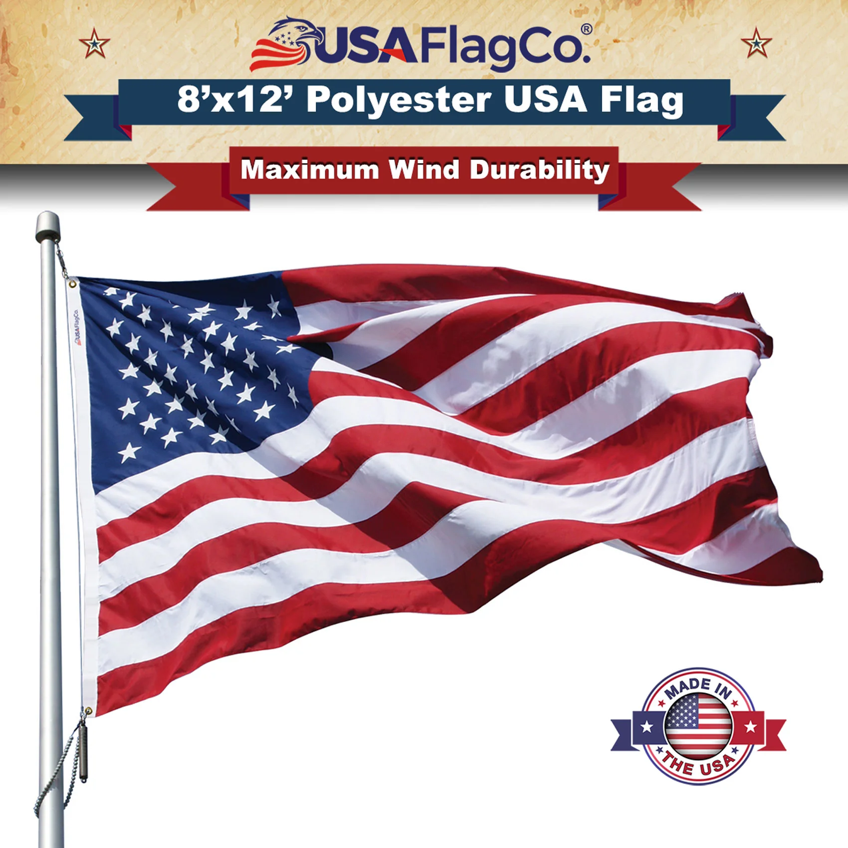 Polyester American Flag 8x12 ft - Embroidered Stars & Sewn Stripes