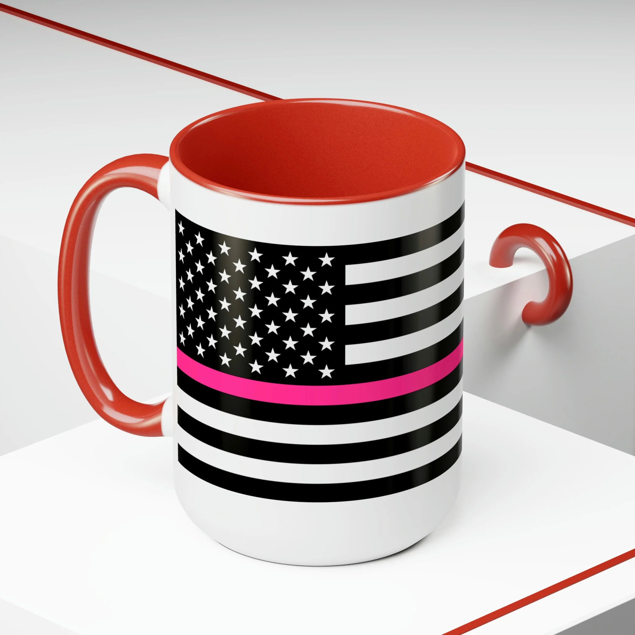 Two-Tone Thin Pink Line Flag Coffee Mugs, 15oz - Image 25