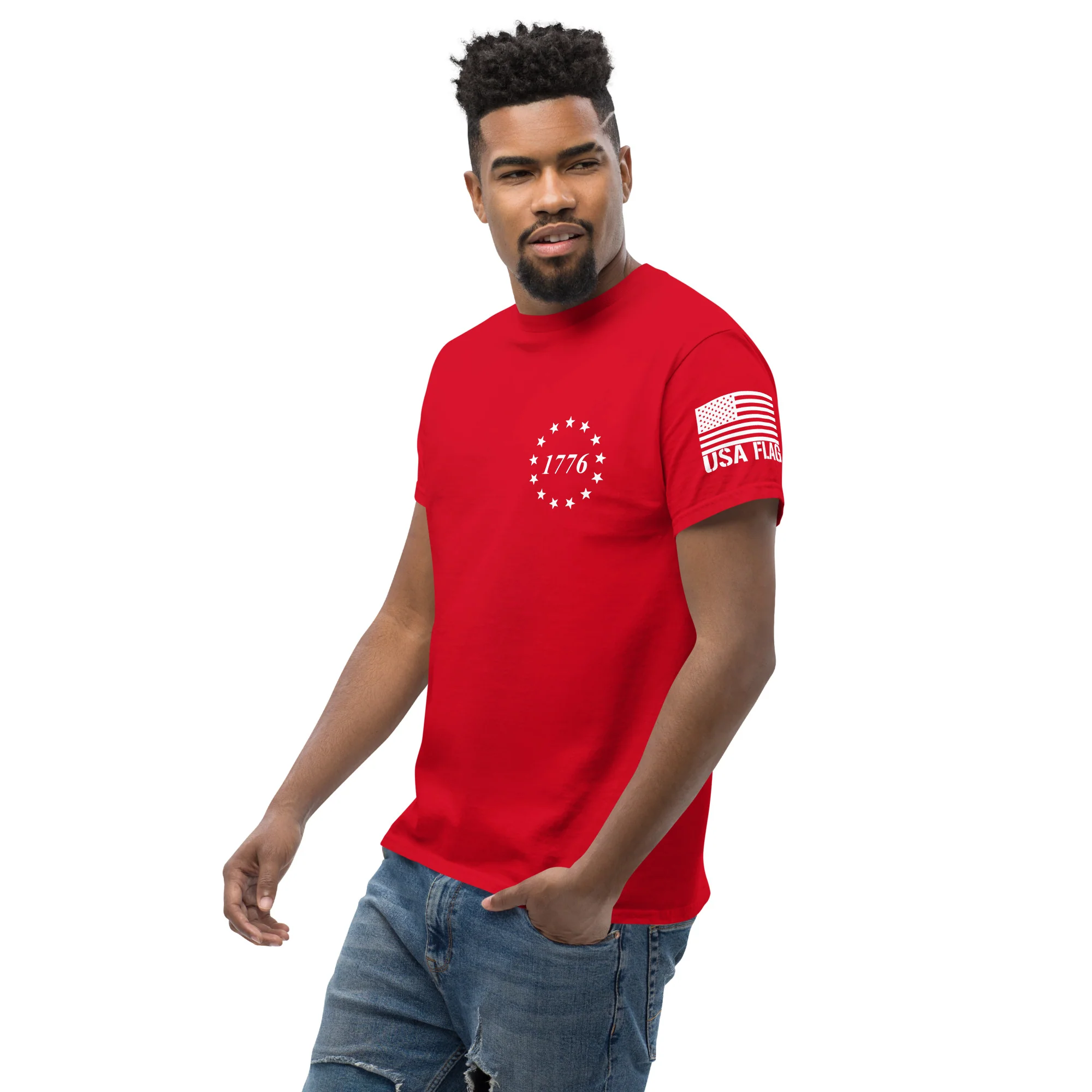 USA Flag All-White College Font T-Shirts | Unisex Classic Tees | Gildan 5000 - Image 6