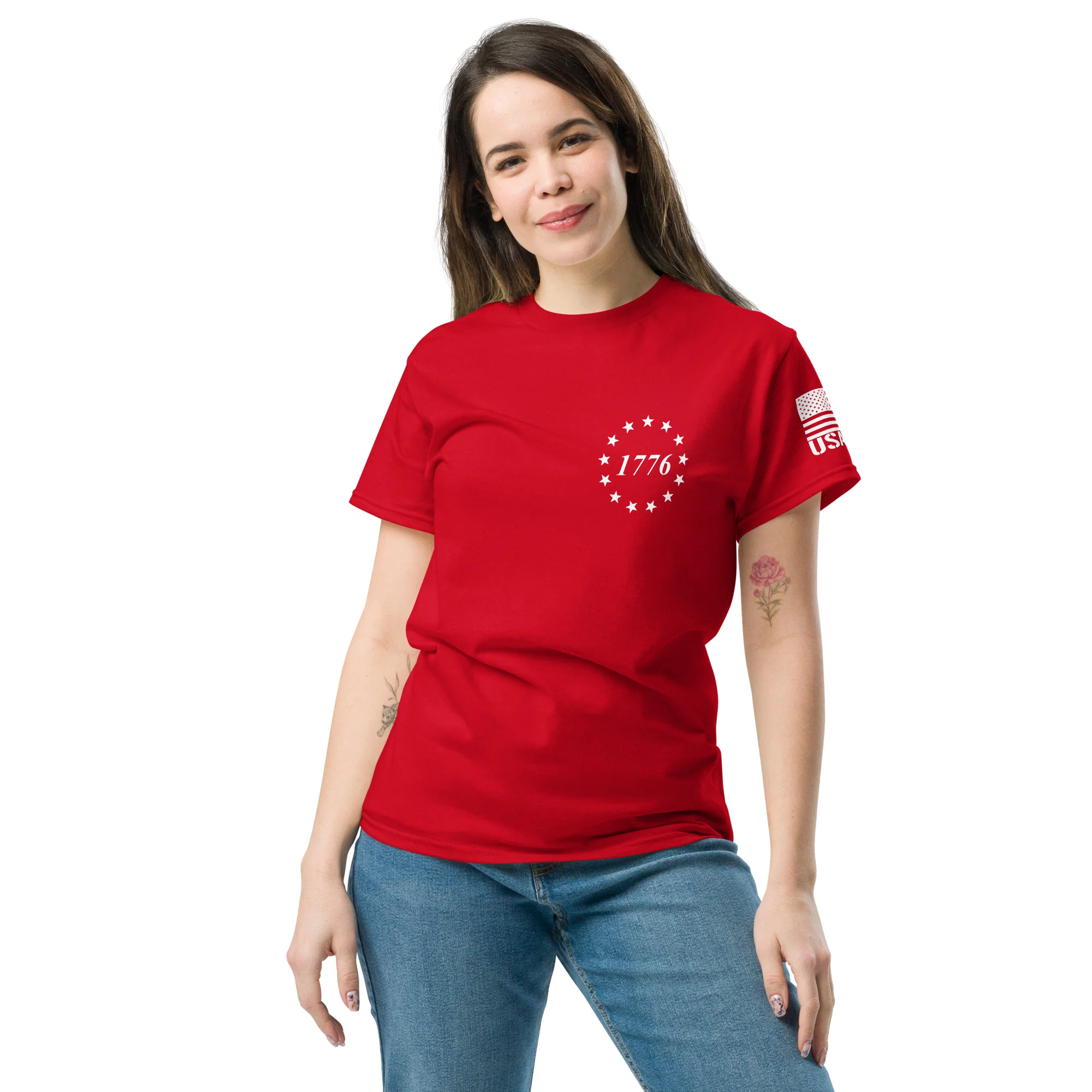 USA Flag All-White College Font T-Shirts | Unisex Classic Tees | Gildan 5000 - Image 8
