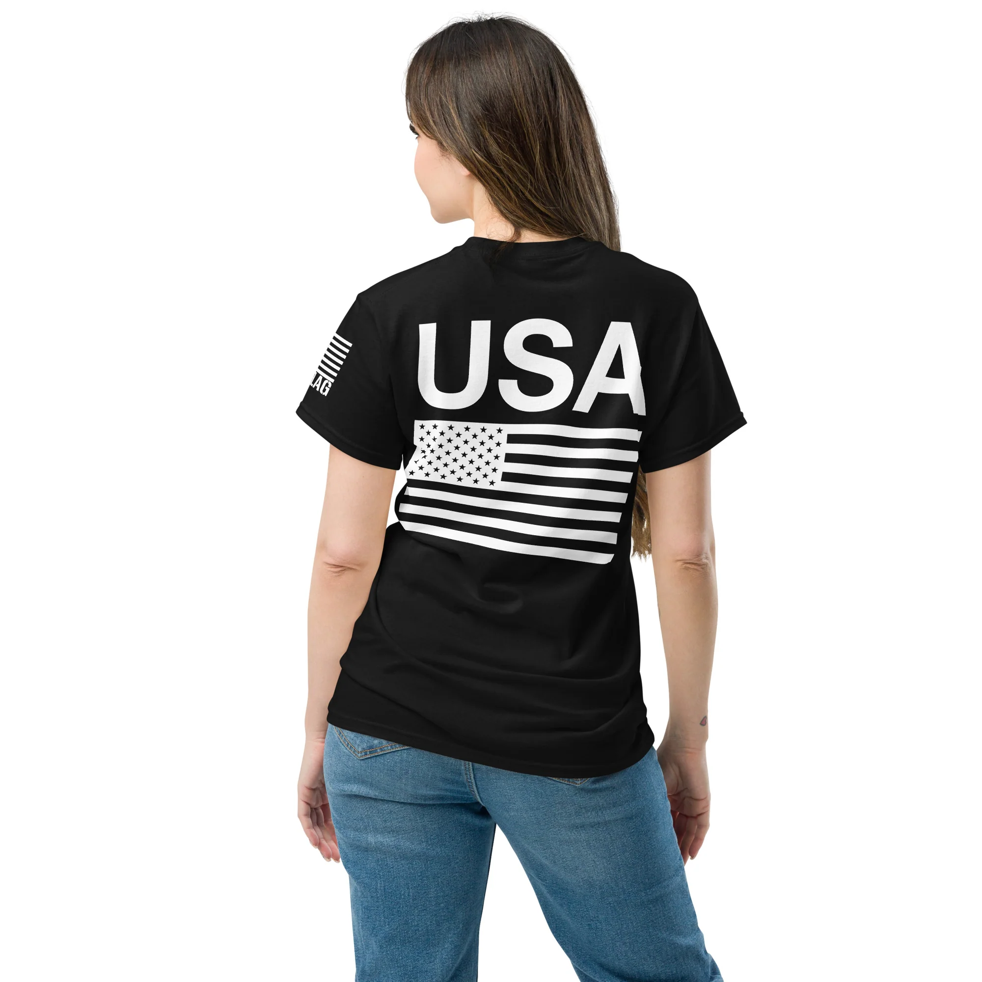 USA Flag All White Logo Design T-Shirts | Unisex Classic Tees | Gildan 5000 - Image 3