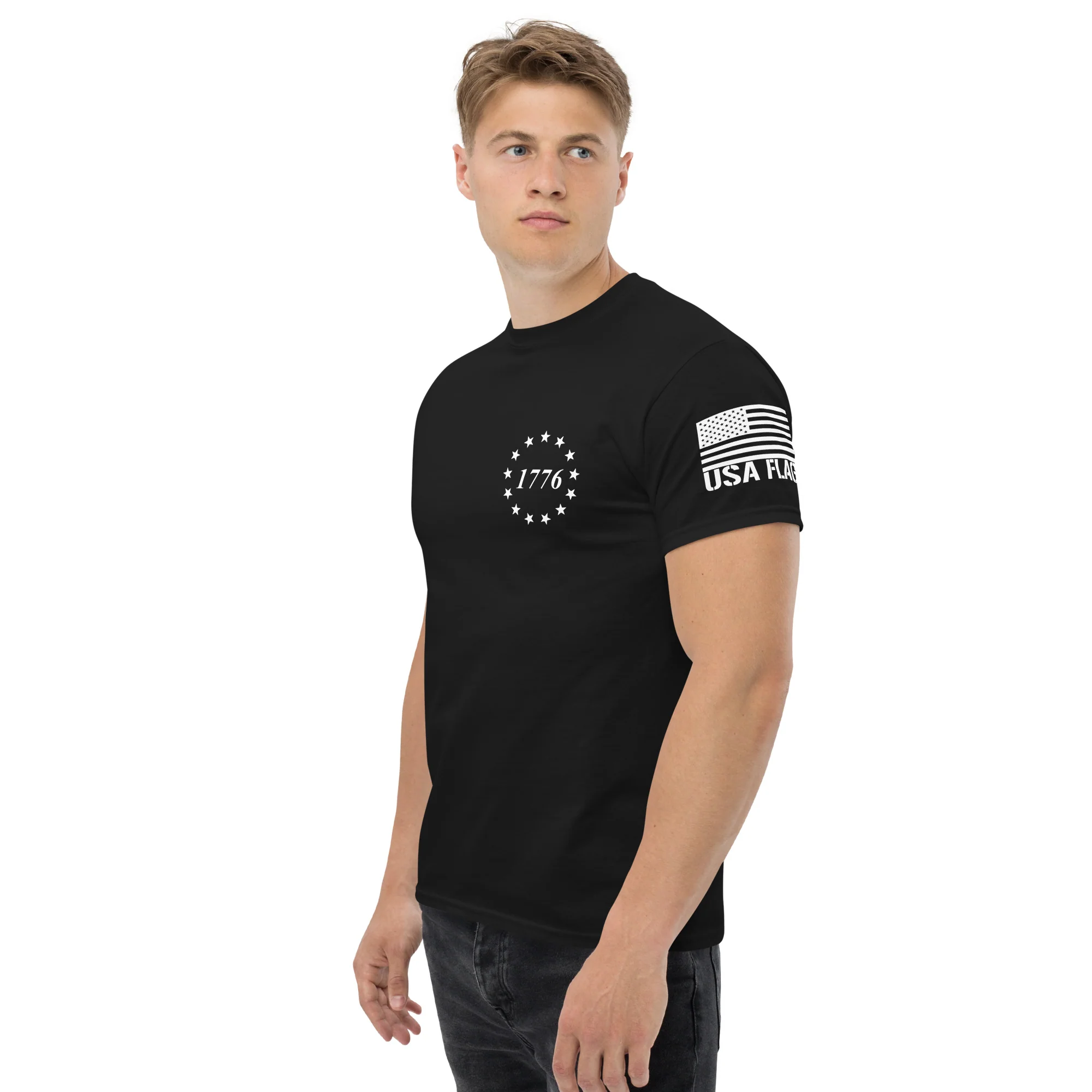 USA Flag All White Logo Design T-Shirts | Unisex Classic Tees | Gildan 5000 - Image 4